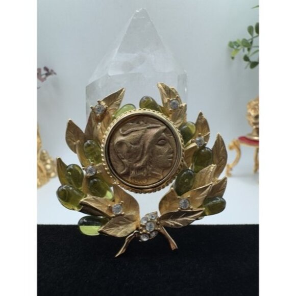 Vtg Jacqueline Kennedy Greek Coin Leaf Whit Beautiful Green Murano Glass - Picture 1 of 8